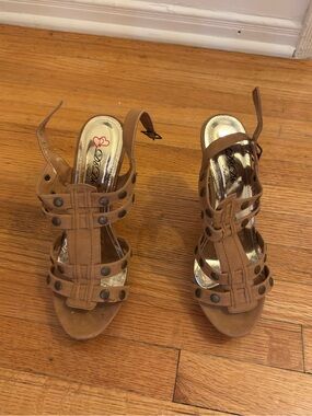 Dollhouse Cognac Studded Strappy Heels